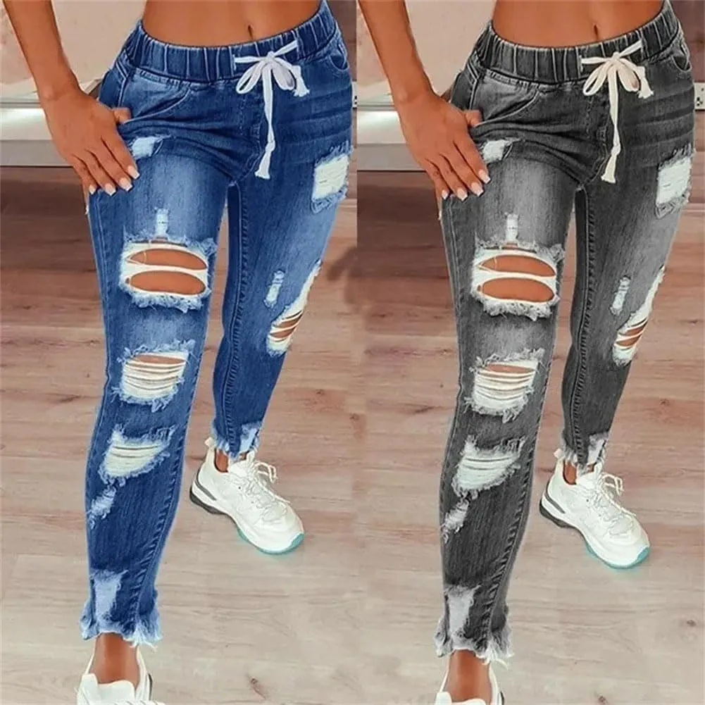 Women Vintage Ripped Elastic Waist Skinny Drawstring Pencil Denim Jeans