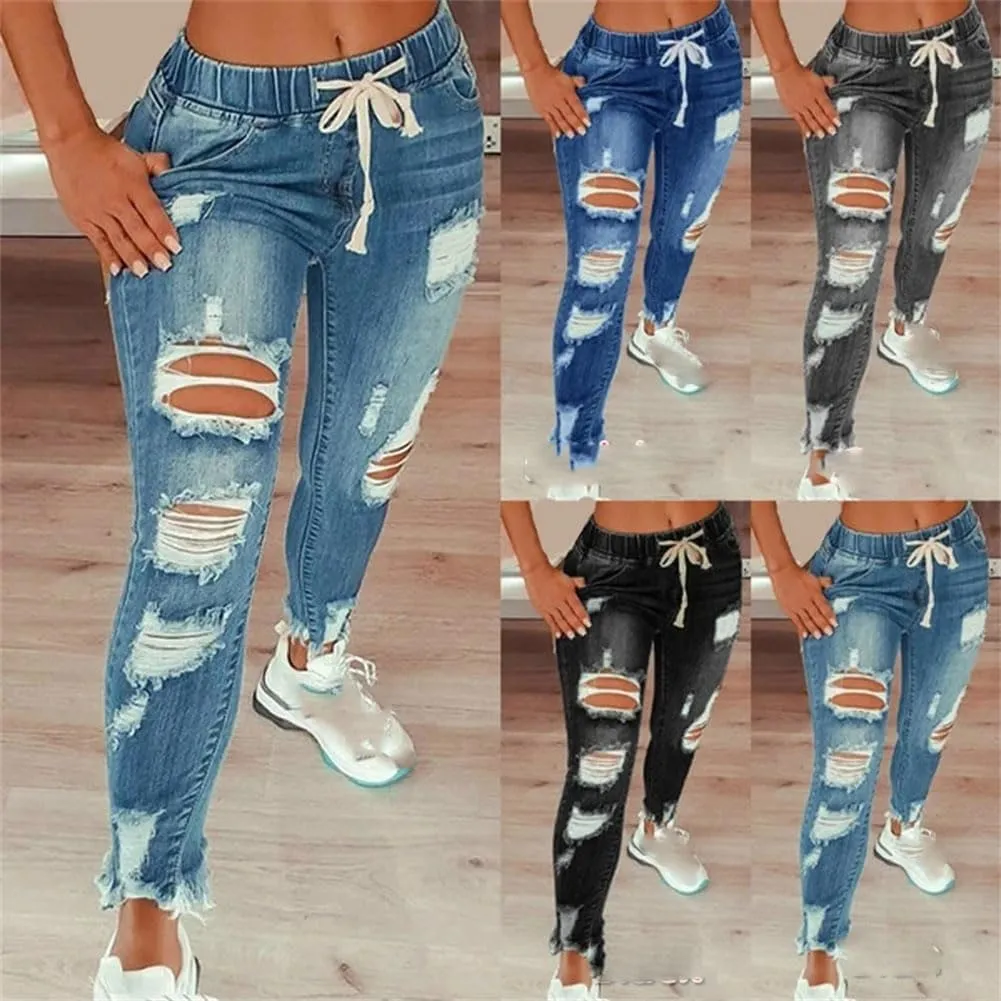 Women Vintage Ripped Elastic Waist Skinny Drawstring Pencil Denim Jeans