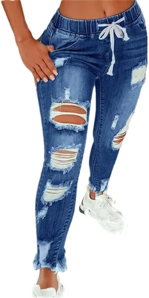 Women Vintage Ripped Elastic Waist Skinny Drawstring Pencil Denim Jeans