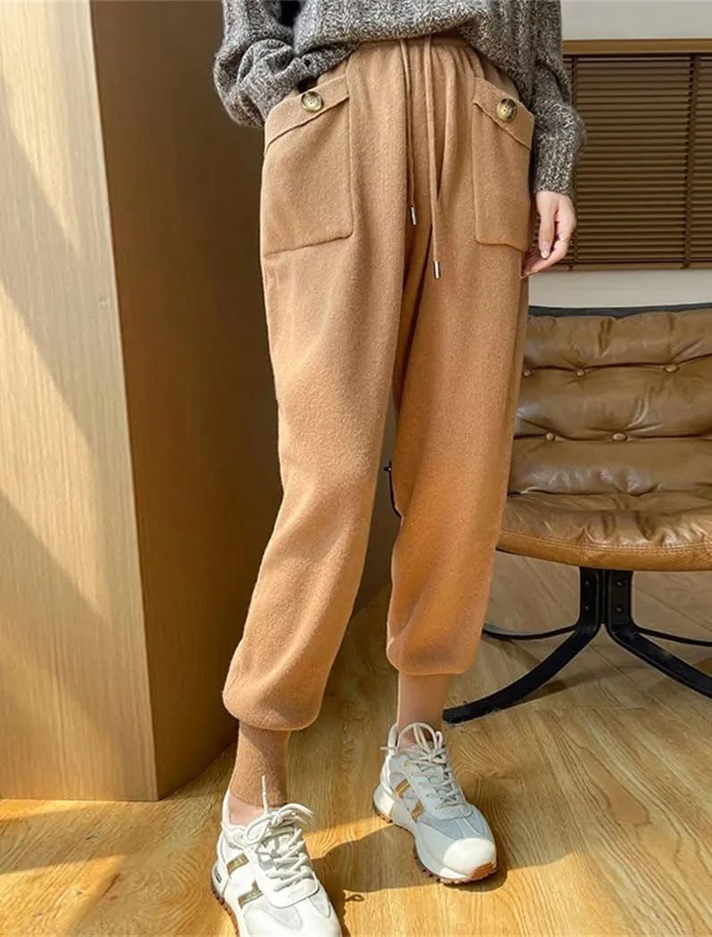 Women's 100% Wool Pencil Pants Solid Elastic Waist Casual Trousers Lace-Up Slim Leg Knit Sweatpants with Pocket