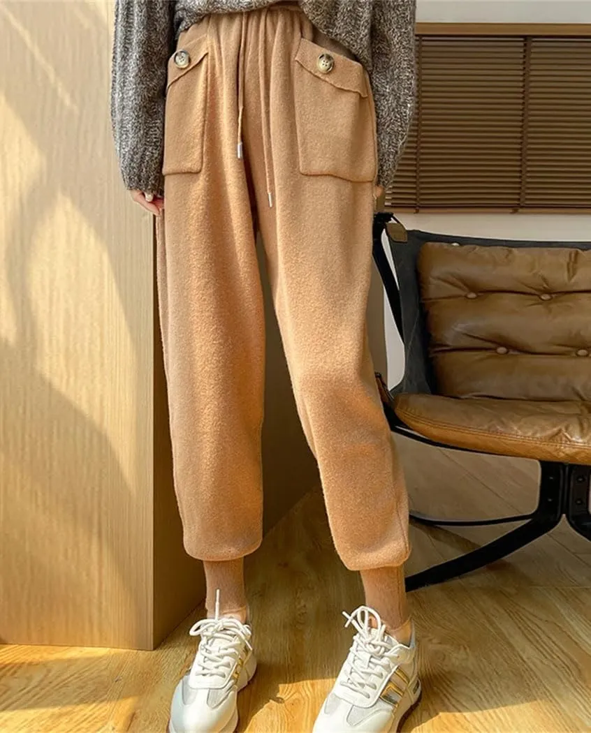 Women's 100% Wool Pencil Pants Solid Elastic Waist Casual Trousers Lace-Up Slim Leg Knit Sweatpants with Pocket