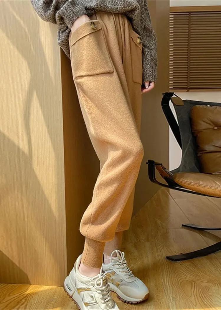Women's 100% Wool Pencil Pants Solid Elastic Waist Casual Trousers Lace-Up Slim Leg Knit Sweatpants with Pocket