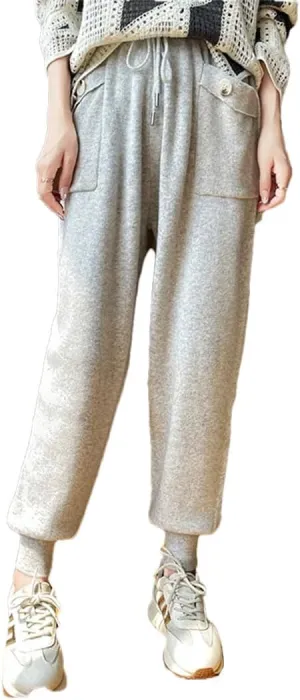 Women's 100% Wool Pencil Pants Solid Elastic Waist Casual Trousers Lace-Up Slim Leg Knit Sweatpants with Pocket