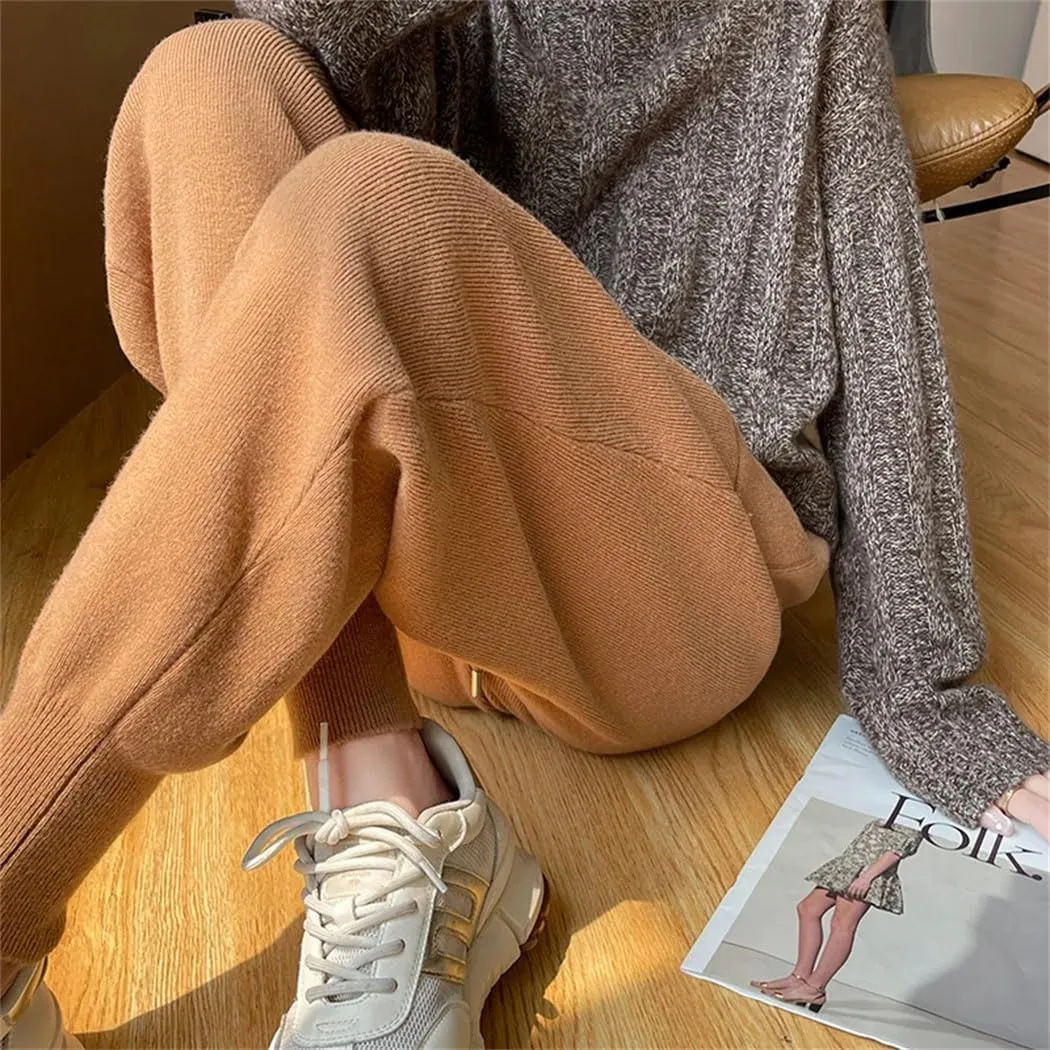 Women's 100% Wool Pencil Pants Solid Elastic Waist Casual Trousers Lace-Up Slim Leg Knit Sweatpants with Pocket