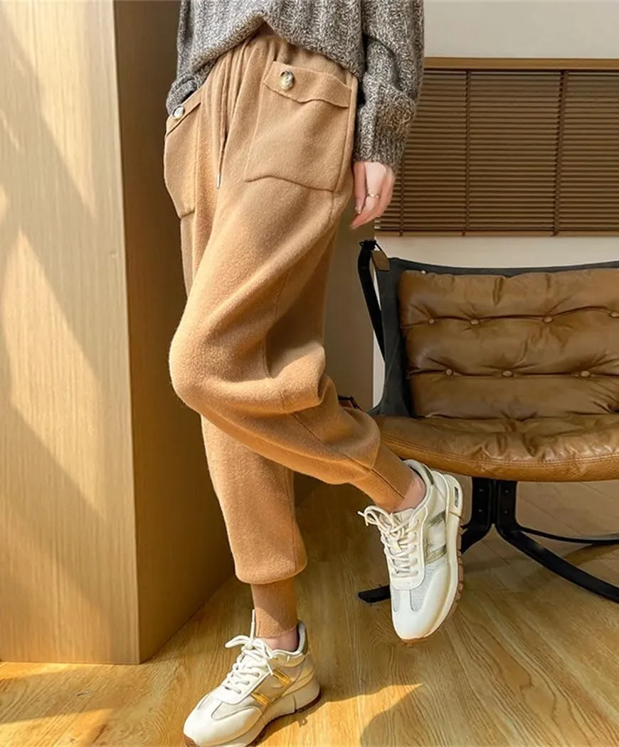 Women's 100% Wool Pencil Pants Solid Elastic Waist Casual Trousers Lace-Up Slim Leg Knit Sweatpants with Pocket
