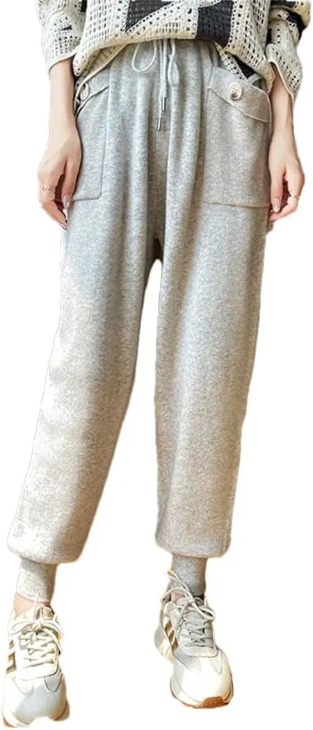 Women's 100% Wool Pencil Pants Solid Elastic Waist Casual Trousers Lace-Up Slim Leg Knit Sweatpants with Pocket