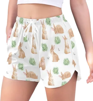 Women's Athletic Shorts Easter Rabbits Cabbage Workout Running Gym Quick Dry Liner Shorts with Pockets