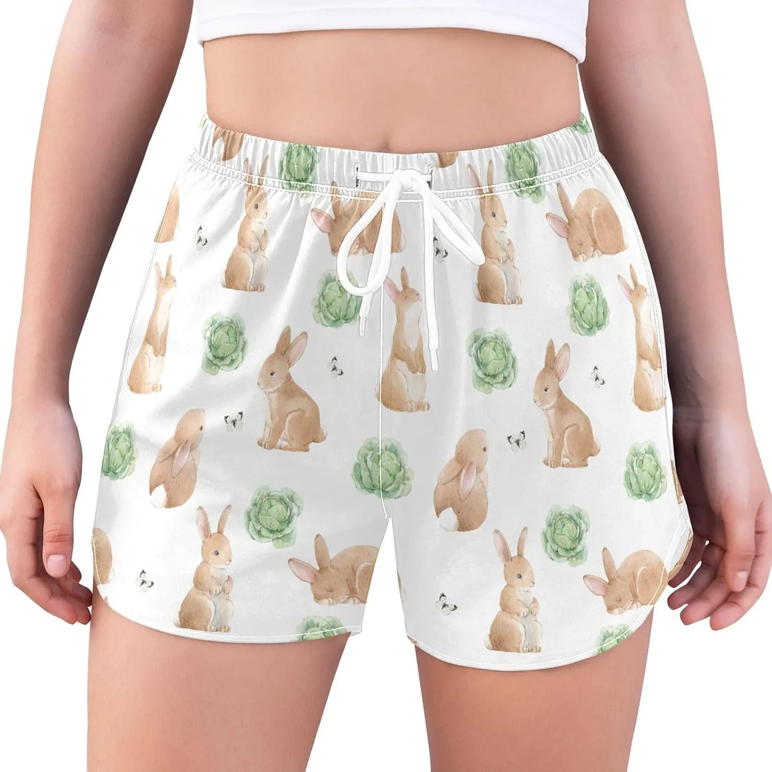 Women's Athletic Shorts Easter Rabbits Cabbage Workout Running Gym Quick Dry Liner Shorts with Pockets