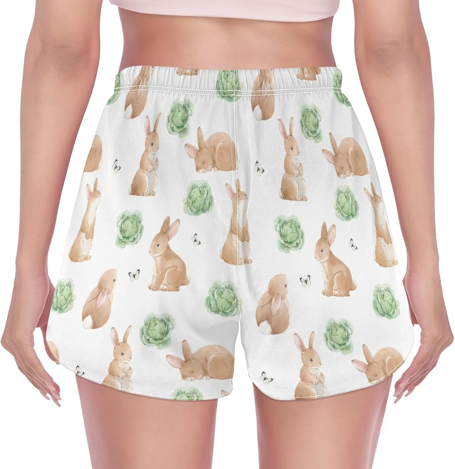 Women's Athletic Shorts Easter Rabbits Cabbage Workout Running Gym Quick Dry Liner Shorts with Pockets