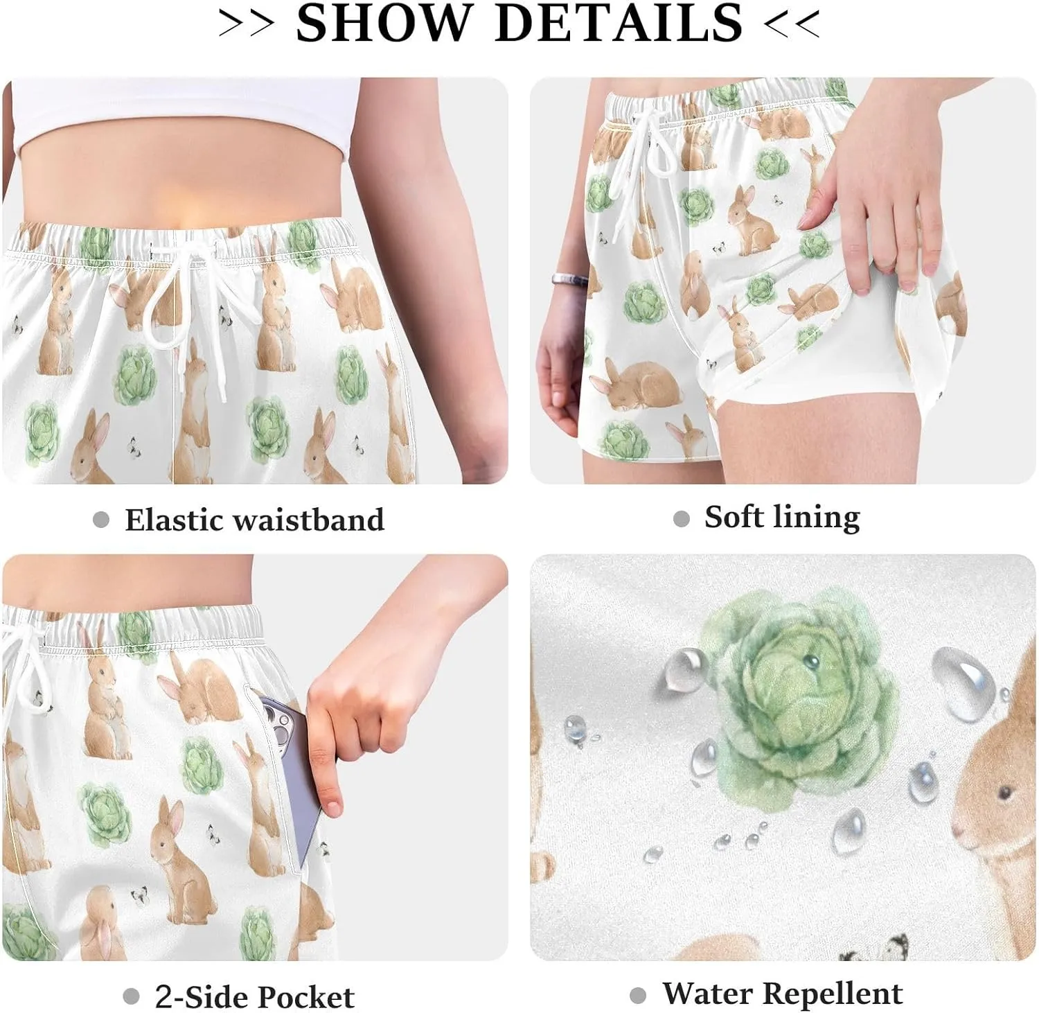 Women's Athletic Shorts Easter Rabbits Cabbage Workout Running Gym Quick Dry Liner Shorts with Pockets