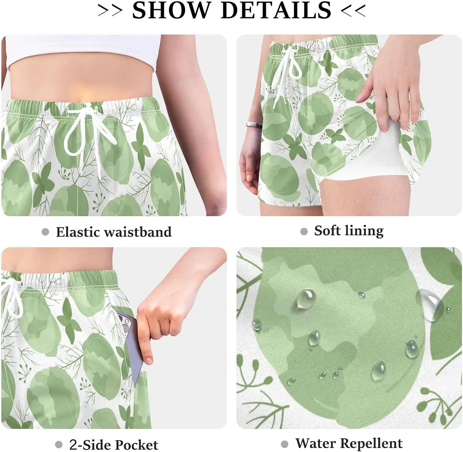 Women's Athletic Shorts White Cabbage and Herbs Workout Running Gym Quick Dry Liner Shorts with Pockets