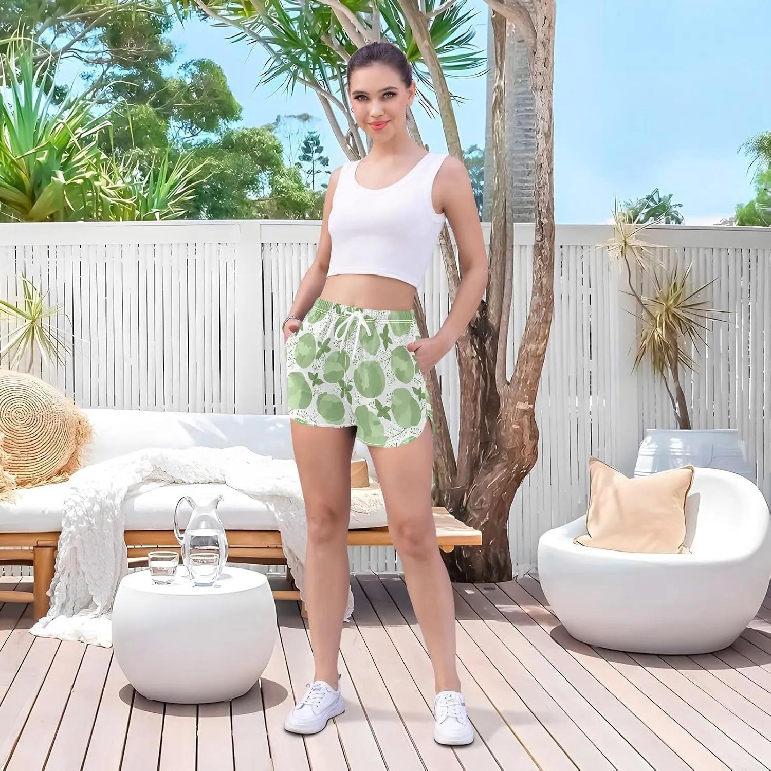 Women's Athletic Shorts White Cabbage and Herbs Workout Running Gym Quick Dry Liner Shorts with Pockets