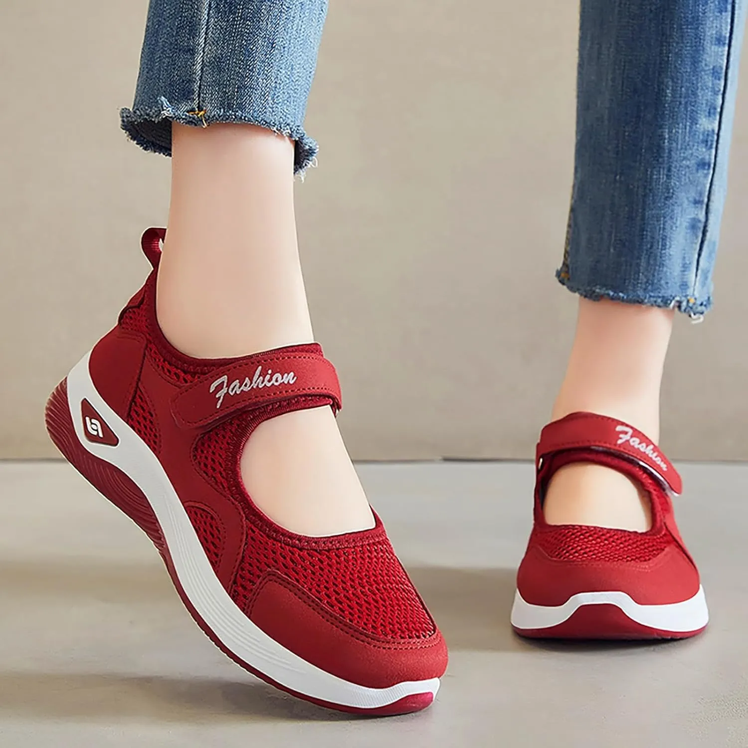 Womens Casual Sneakers Lightweight Flat Mary Jane Shoes Ladies Fashion Adjustable Easy On and Off Strap Working Nurse Shoes Mesh Breathable Walking Sneakers