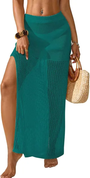 Womens Crochet Elastic Waist Beach Skirt Summer 2025 Hollow Out Sheer Side Slit Bathing Suit Cover Up Maxi Skirt