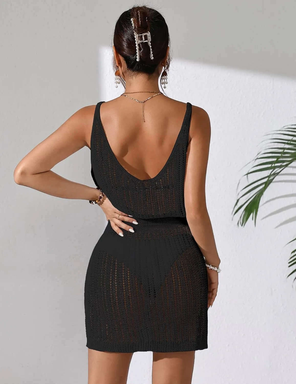 Womens Crochet Knit Waist Cinched Beach Coverup Mini Dress Summer 2025 Backless V Neck Bathing Suit Cover Up