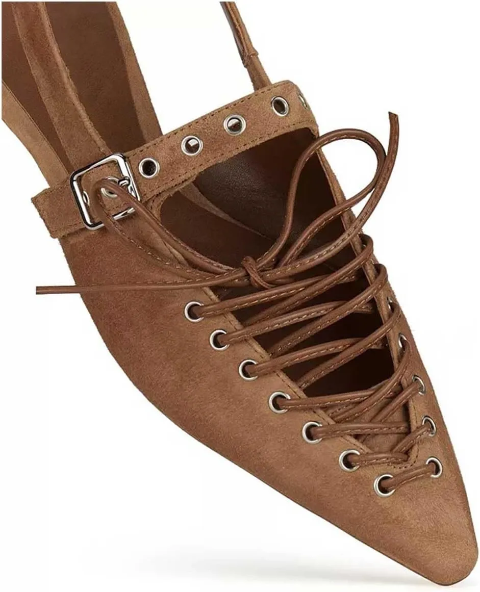 Women's Fashion Eyelet V-Shaped Lace-up Flat Shoes Pointed Closed Toe Sexy Slingback Cross Lace-up Comfortable Casual Office Work Summer Flat Shoes