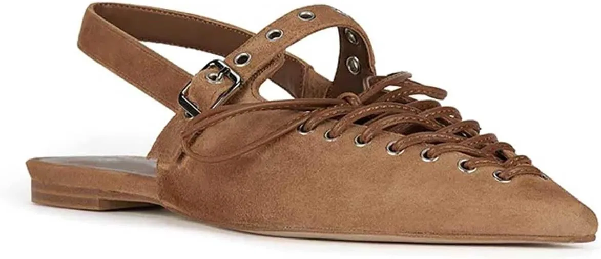 Women's Fashion Eyelet V-Shaped Lace-up Flat Shoes Pointed Closed Toe Sexy Slingback Cross Lace-up Comfortable Casual Office Work Summer Flat Shoes