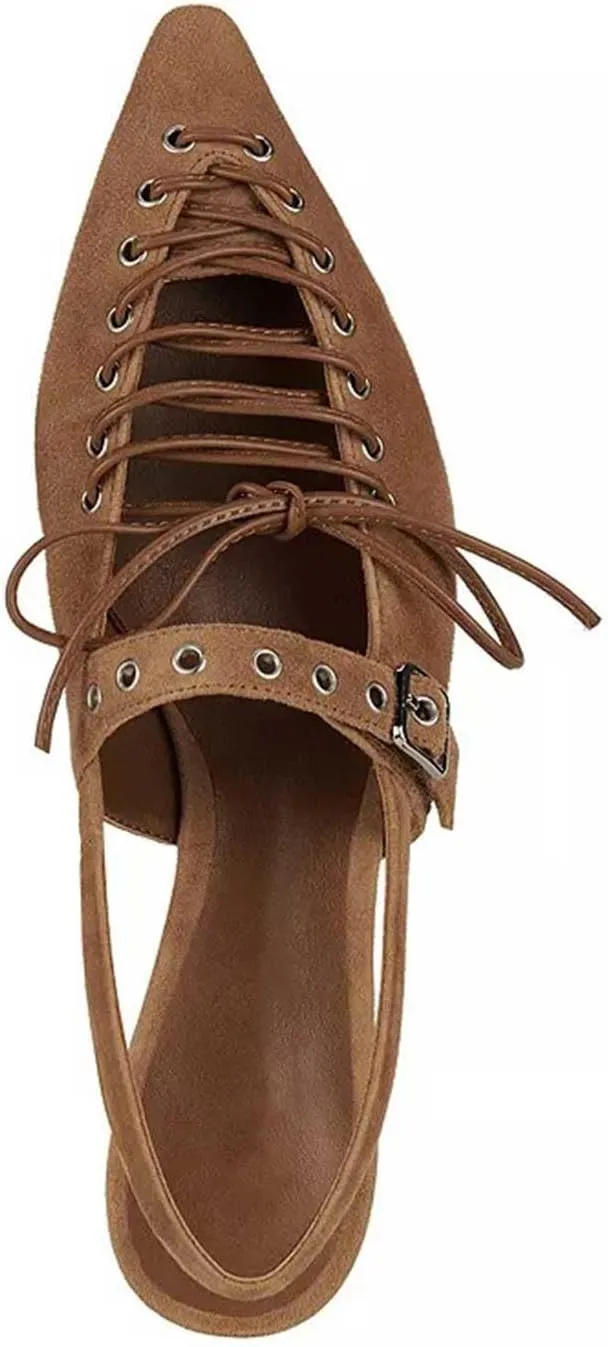 Women's Fashion Eyelet V-Shaped Lace-up Flat Shoes Pointed Closed Toe Sexy Slingback Cross Lace-up Comfortable Casual Office Work Summer Flat Shoes