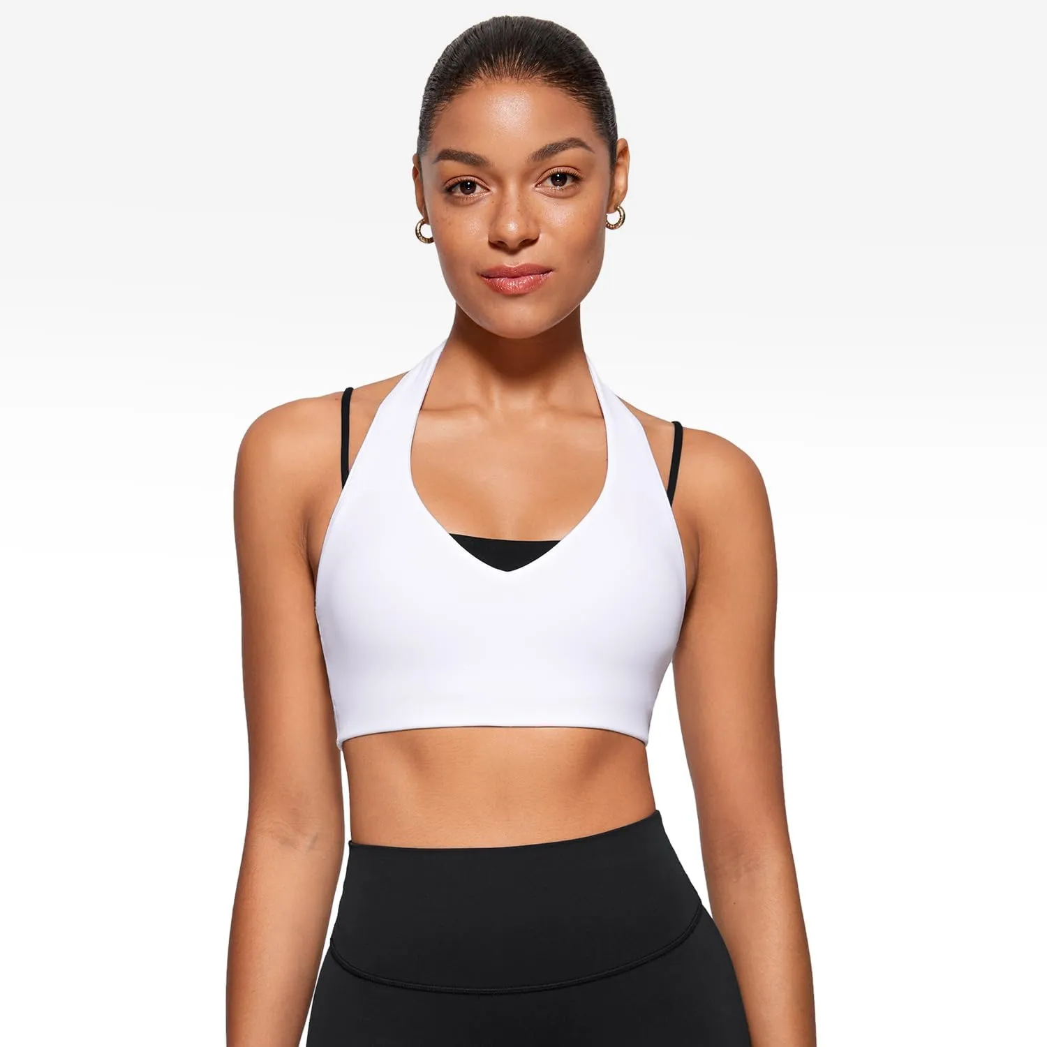 Womens Halter Longline Sports Bra Padded Low Back Yoga Bar Workout Crop Top with Built in Bra