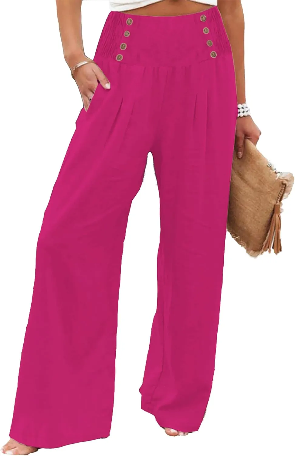Womens High Waisted Wide Leg Palazzo Pants Casual Lounge Boho Flowy Pants with Pockets