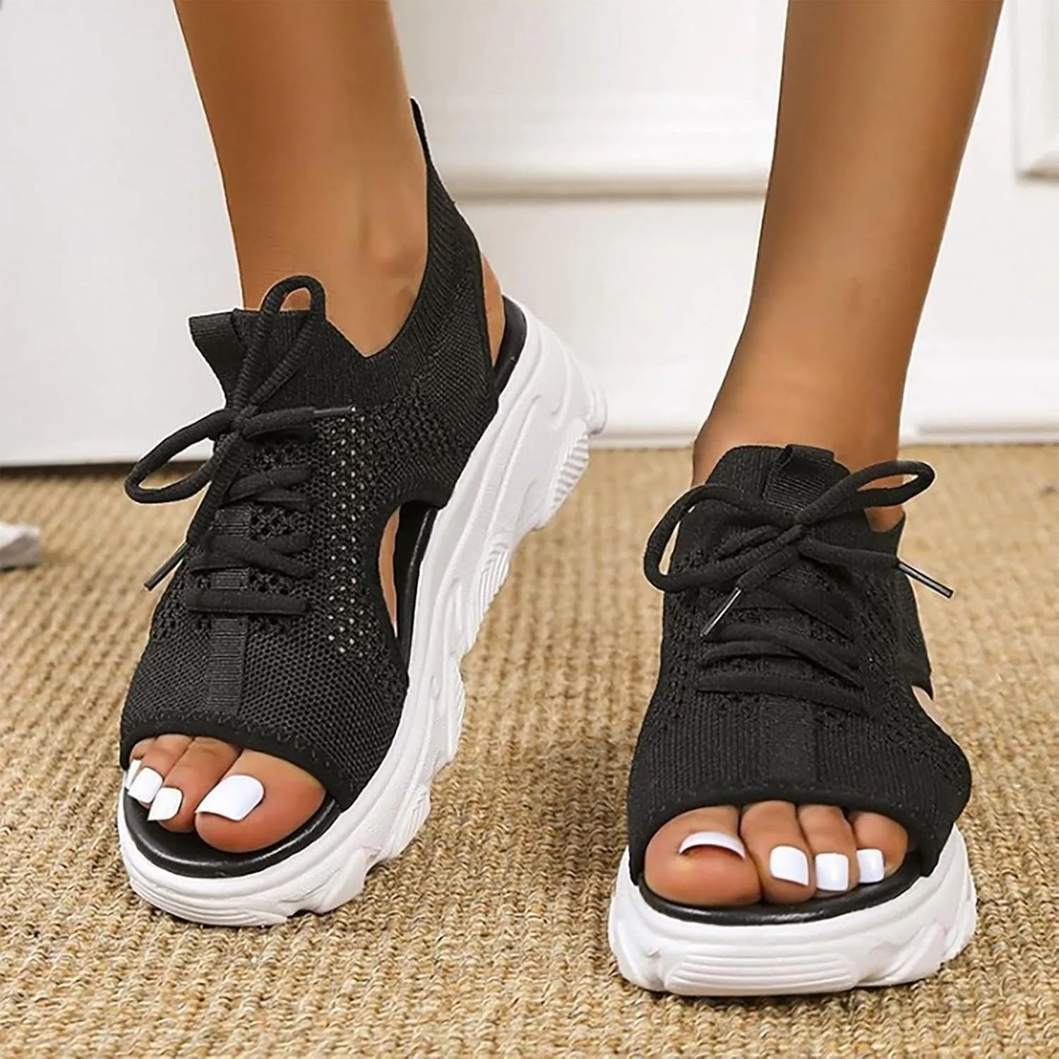 Women's Lace Up Platform Sandals 2025 Peep Toe Orthopedic Elastic Slingback Sandal Summer Cutout Comfy Ladies Low Wedges Heel Cushion Walking Shoes for Beach Vacation Outdoor Indoor