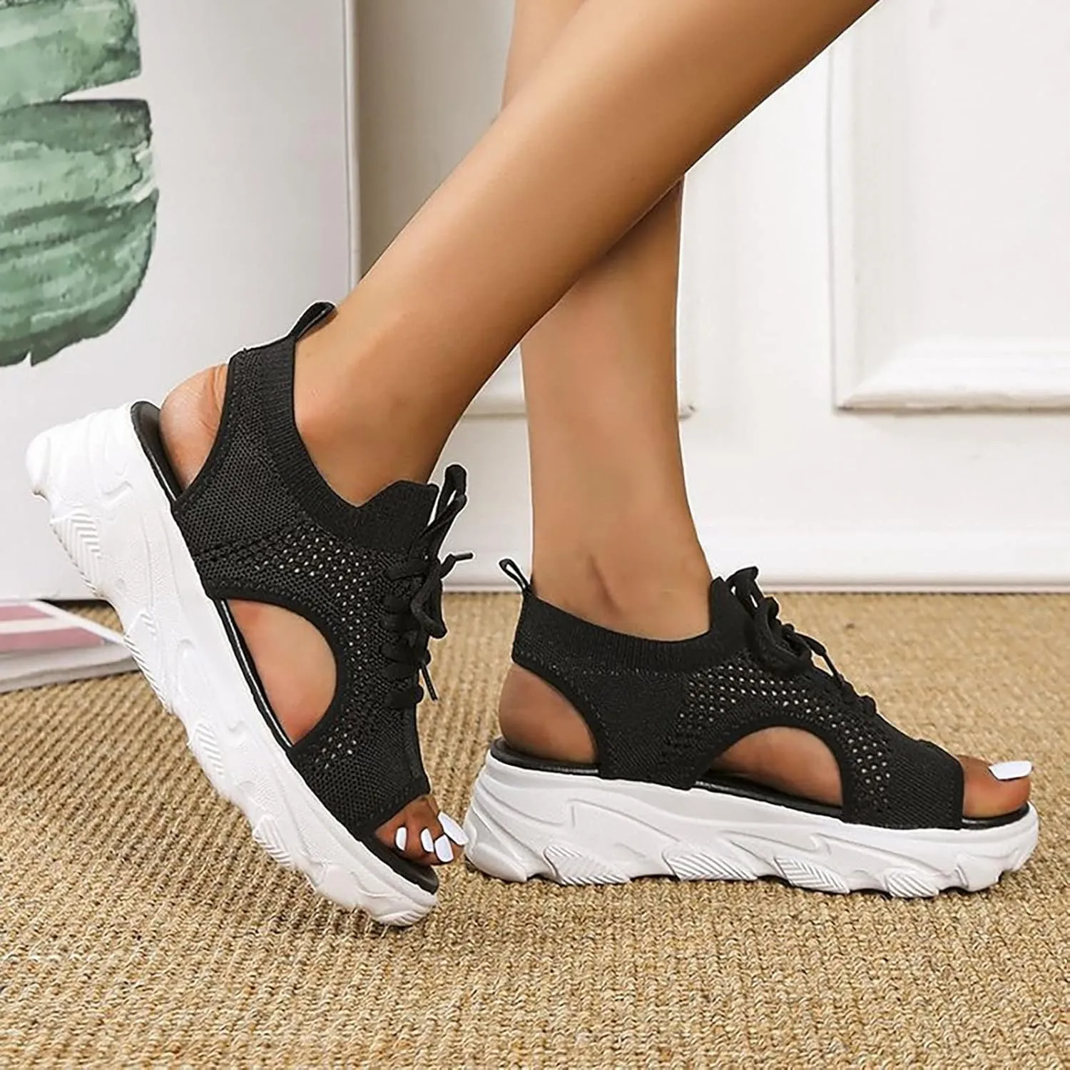 Women's Lace Up Platform Sandals 2025 Peep Toe Orthopedic Elastic Slingback Sandal Summer Cutout Comfy Ladies Low Wedges Heel Cushion Walking Shoes for Beach Vacation Outdoor Indoor