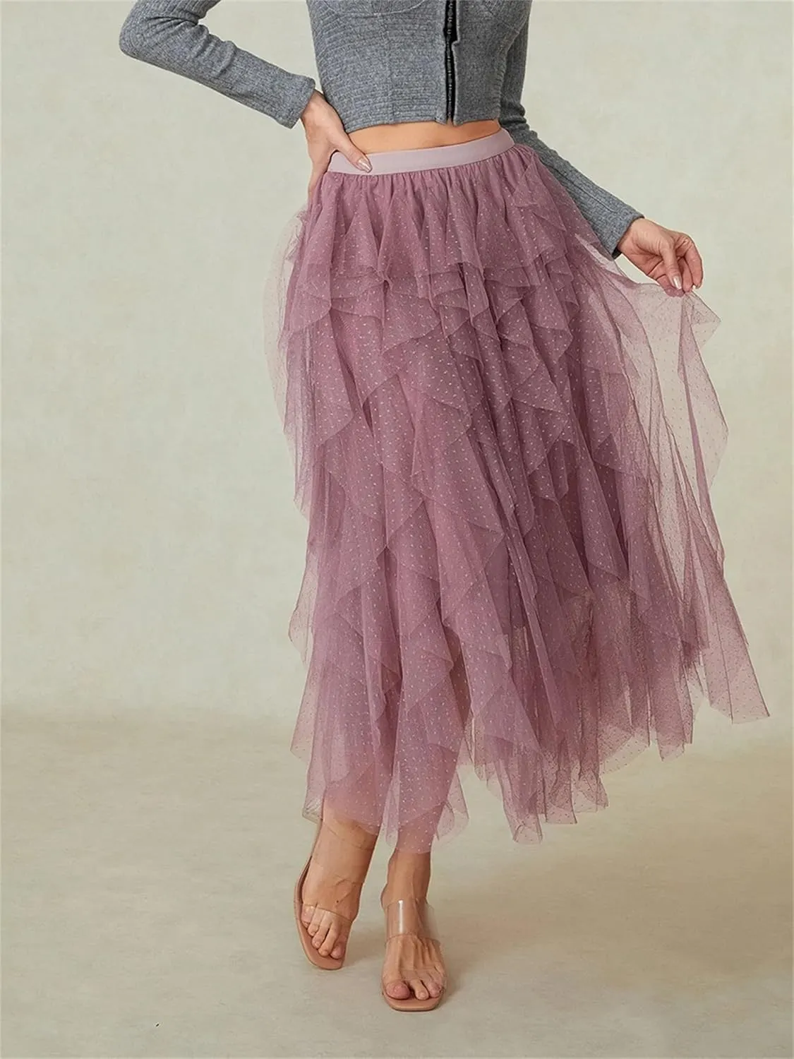 Women's Mini Dot Print Midi Skirt Elastic High Waist Irregular A-Line Tulle Mesh Long Skirt