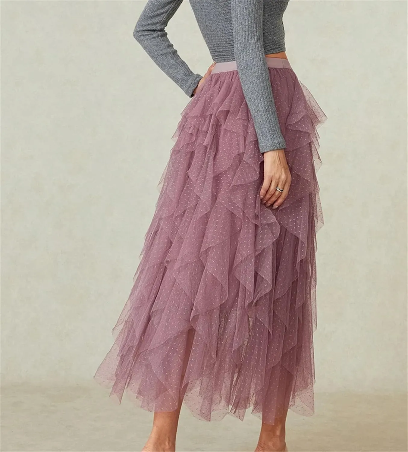 Women's Mini Dot Print Midi Skirt Elastic High Waist Irregular A-Line Tulle Mesh Long Skirt