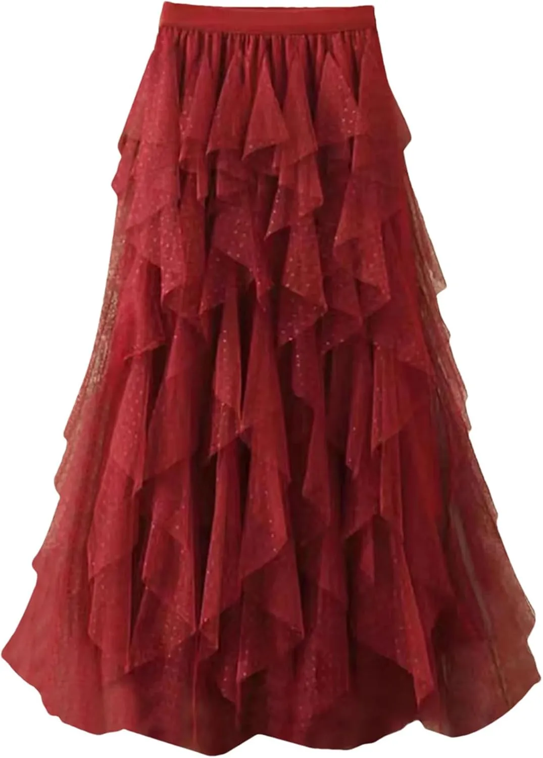 Women's Mini Dot Print Midi Skirt Elastic High Waist Irregular A-Line Tulle Mesh Long Skirt
