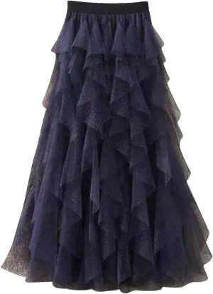 Women's Mini Dot Print Midi Skirt Elastic High Waist Irregular A-Line Tulle Mesh Long Skirt