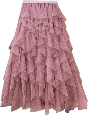 Women's Mini Dot Print Midi Skirt Elastic High Waist Irregular A-Line Tulle Mesh Long Skirt