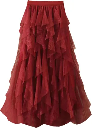 Women's Mini Dot Print Midi Skirt Elastic High Waist Irregular A-Line Tulle Mesh Long Skirt