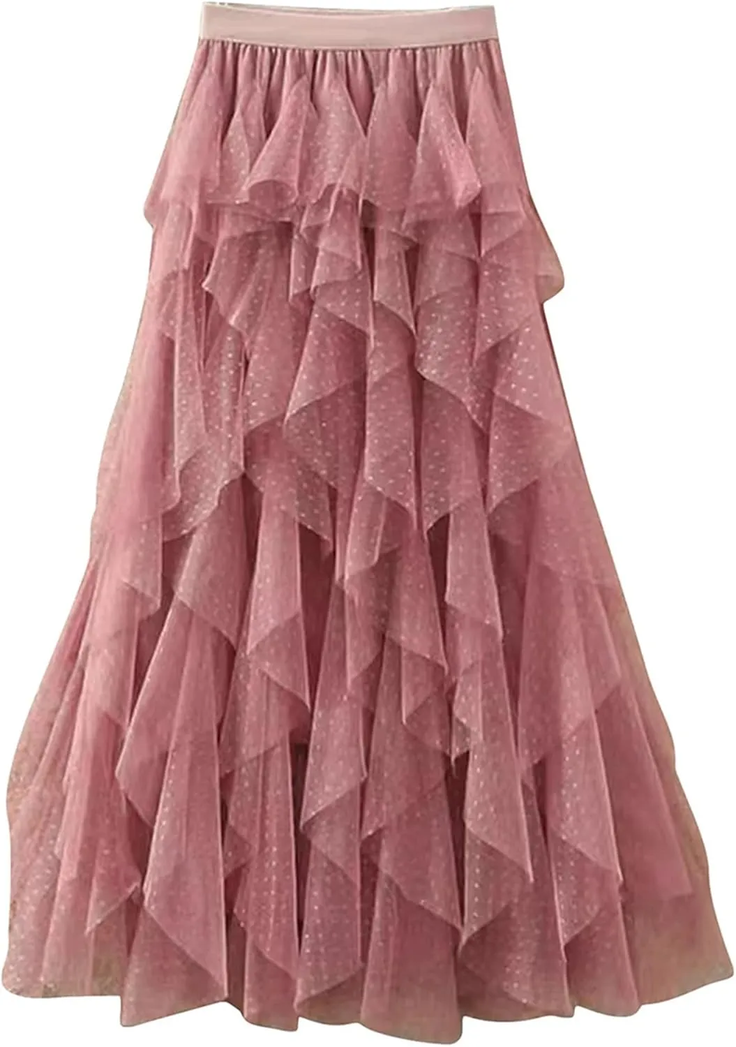 Women's Mini Dot Print Midi Skirt Elastic High Waist Irregular A-Line Tulle Mesh Long Skirt
