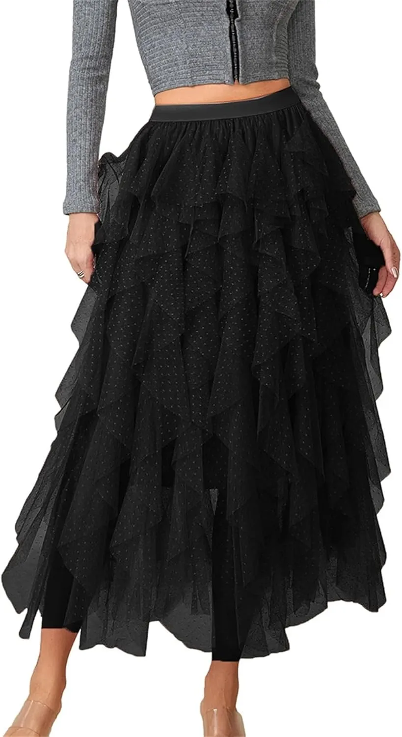 Women's Mini Dot Print Midi Skirt Elastic High Waist Irregular A-Line Tulle Mesh Long Skirt