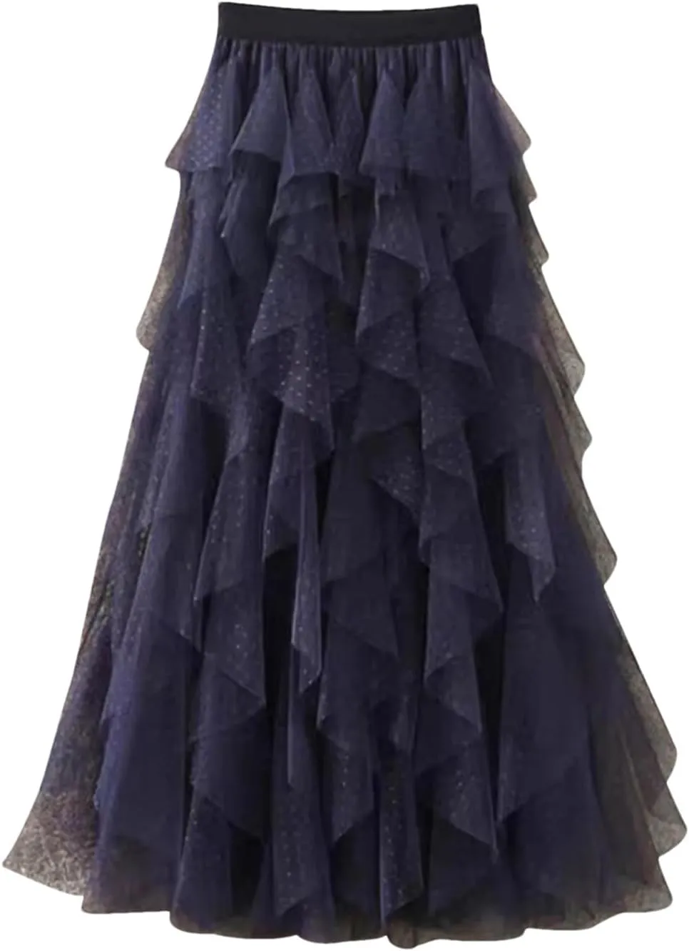 Women's Mini Dot Print Midi Skirt Elastic High Waist Irregular A-Line Tulle Mesh Long Skirt