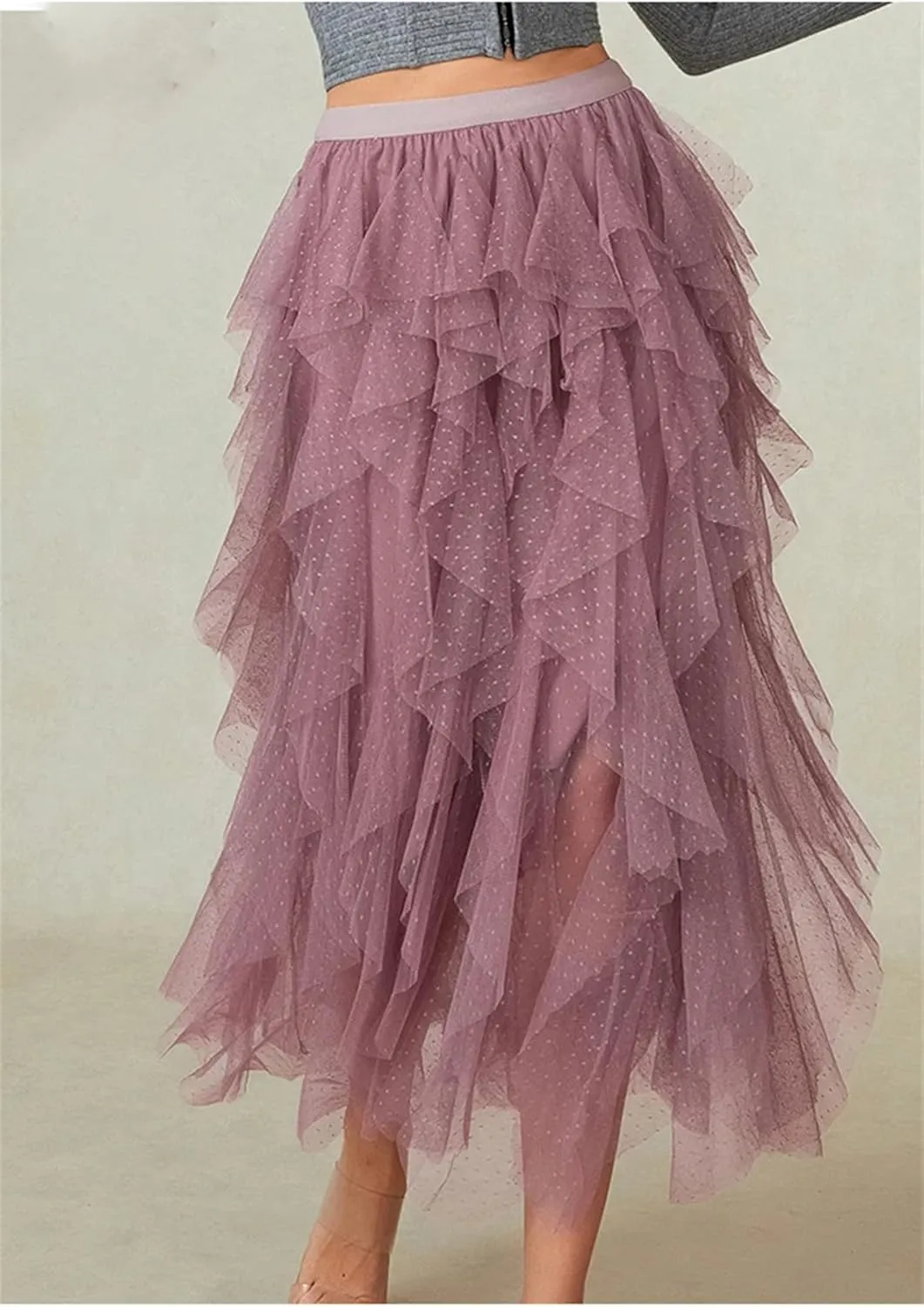 Women's Mini Dot Print Midi Skirt Elastic High Waist Irregular A-Line Tulle Mesh Long Skirt