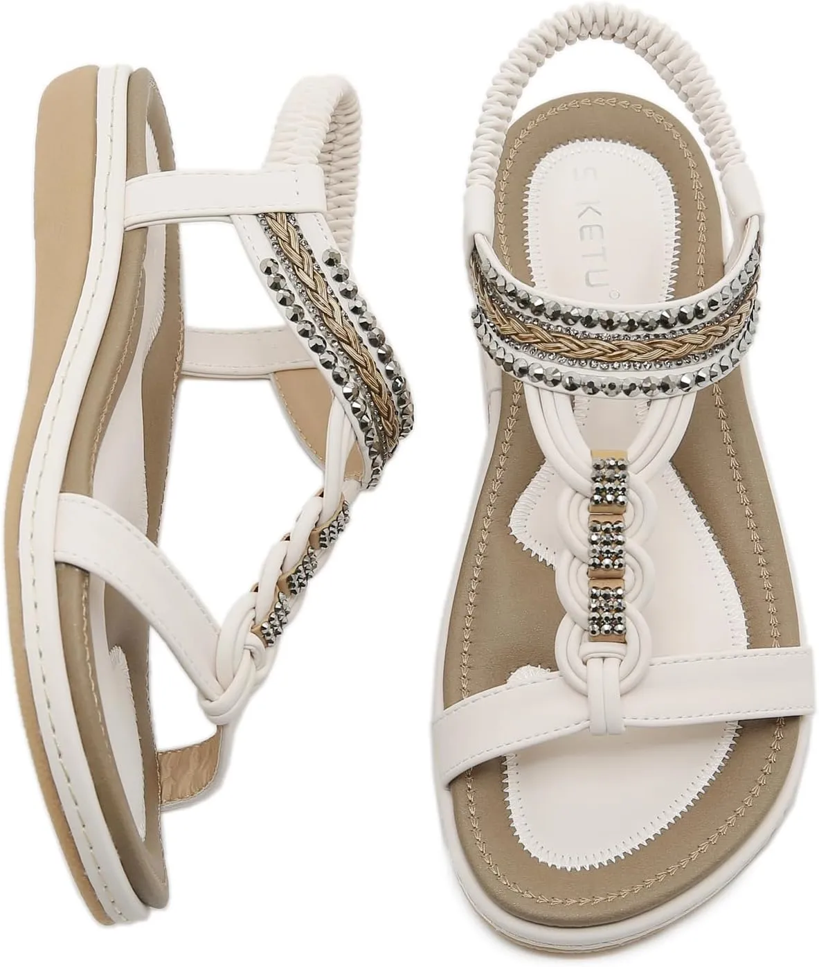 Women's Open Toe Bling Rhinestone Flat Sandals Elastic Ankle Strap Comfortable Slip On Summer Walking Shoes Fashion Bohemian Beach Sandals