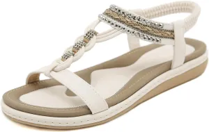 Women's Open Toe Bling Rhinestone Flat Sandals Elastic Ankle Strap Comfortable Slip On Summer Walking Shoes Fashion Bohemian Beach Sandals