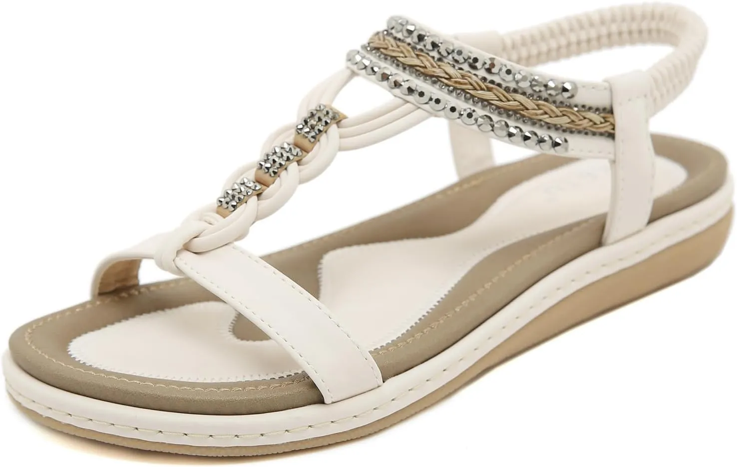 Women's Open Toe Bling Rhinestone Flat Sandals Elastic Ankle Strap Comfortable Slip On Summer Walking Shoes Fashion Bohemian Beach Sandals