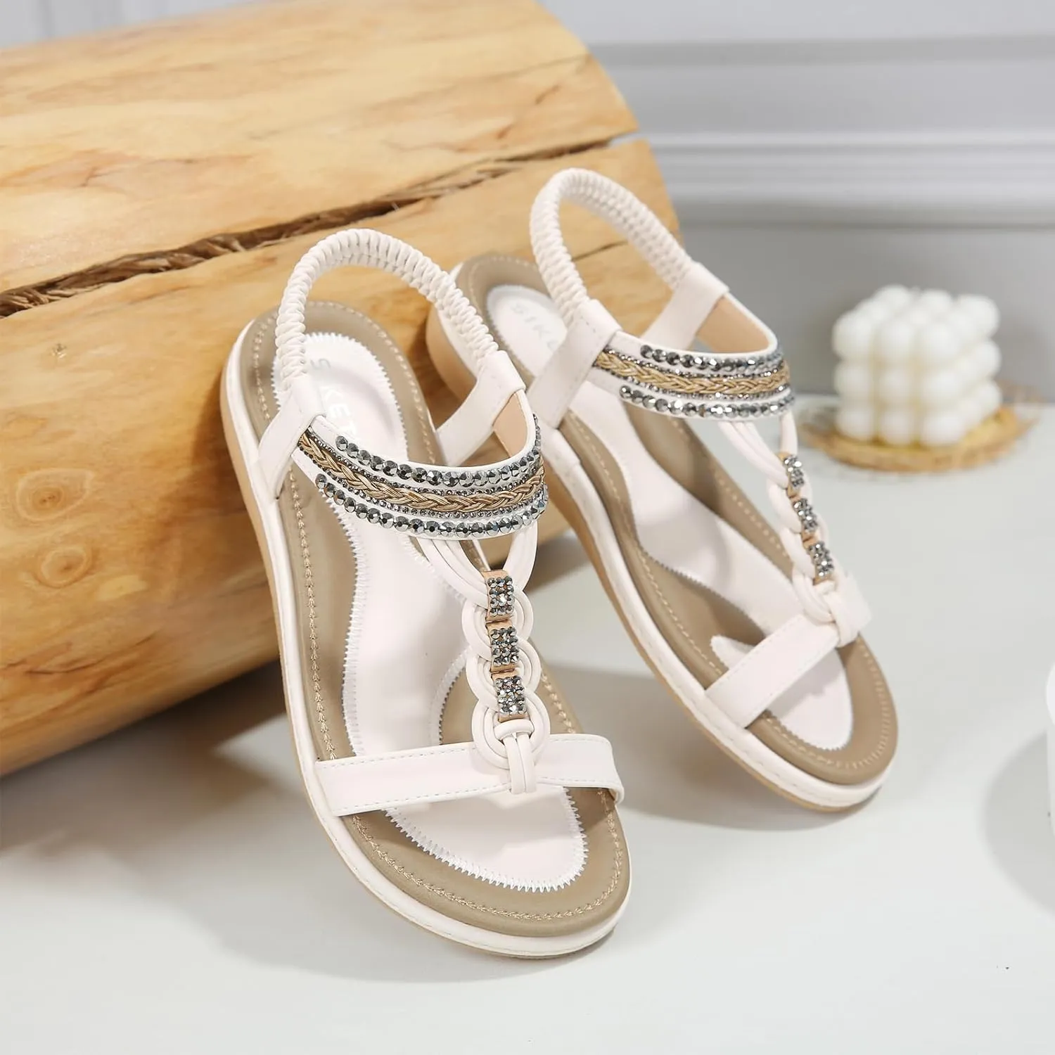 Women's Open Toe Bling Rhinestone Flat Sandals Elastic Ankle Strap Comfortable Slip On Summer Walking Shoes Fashion Bohemian Beach Sandals