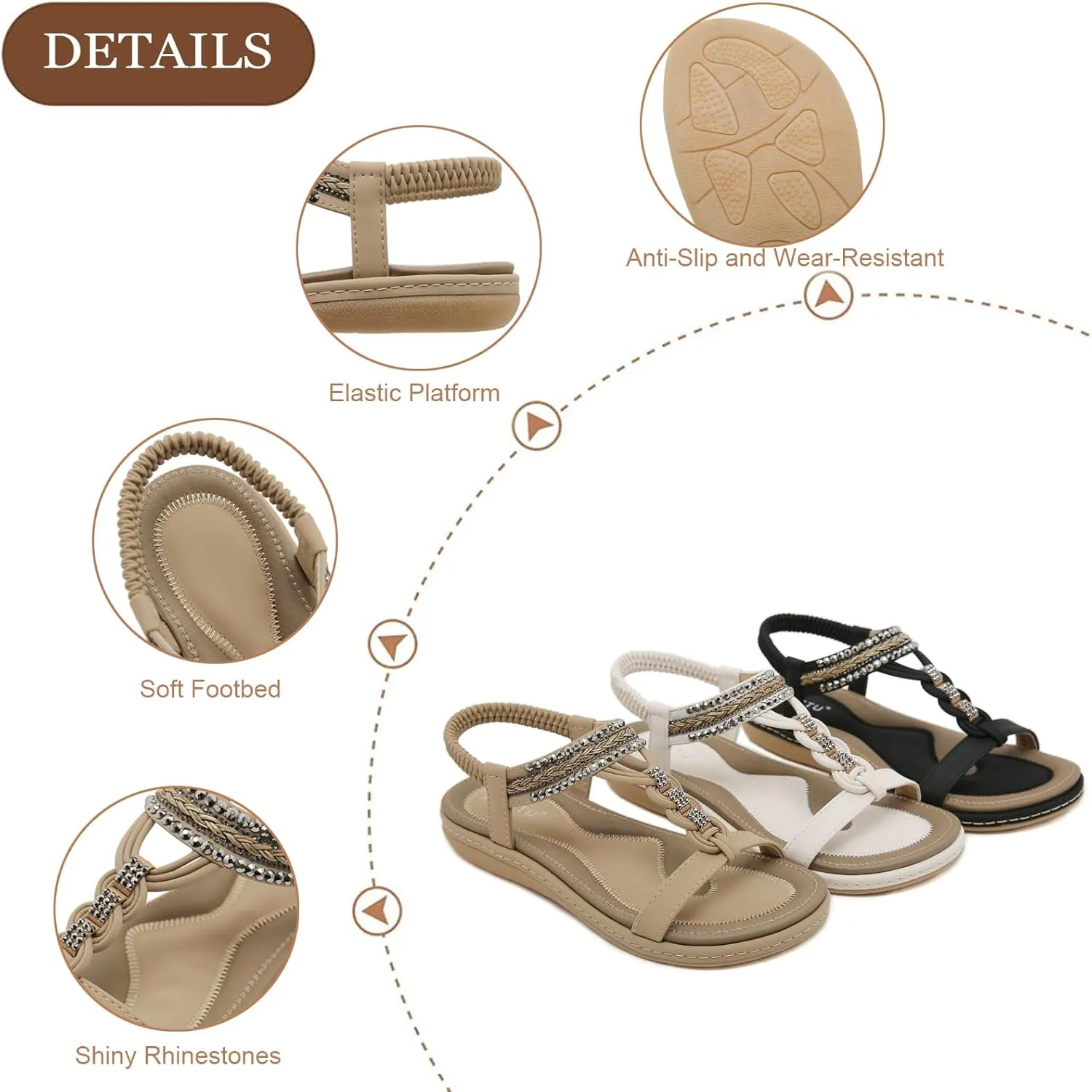 Women's Open Toe Bling Rhinestone Flat Sandals Elastic Ankle Strap Comfortable Slip On Summer Walking Shoes Fashion Bohemian Beach Sandals