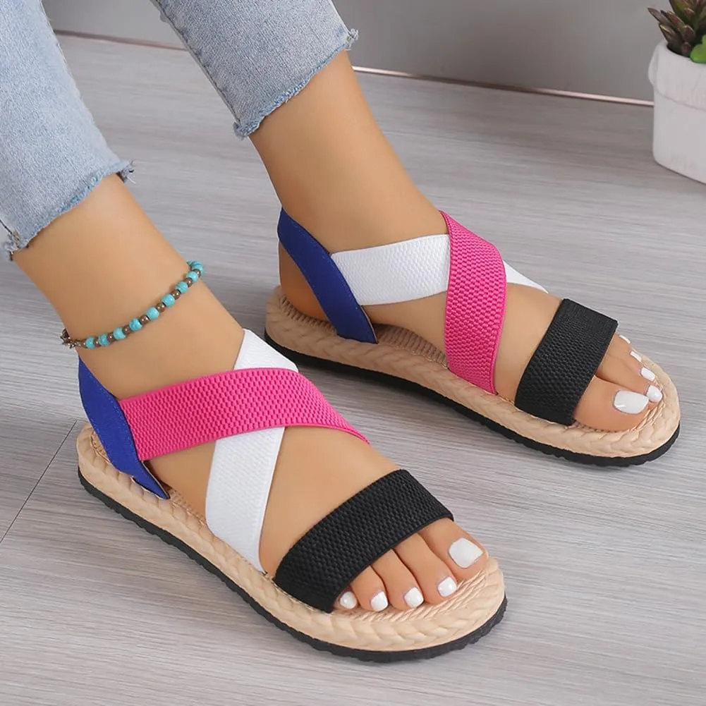 Women's Open Toe Elastic Ankle Strap Flat Summer Beach Sandal Comfy Slip on Sandals Dressy Strappy Shoes Sandals