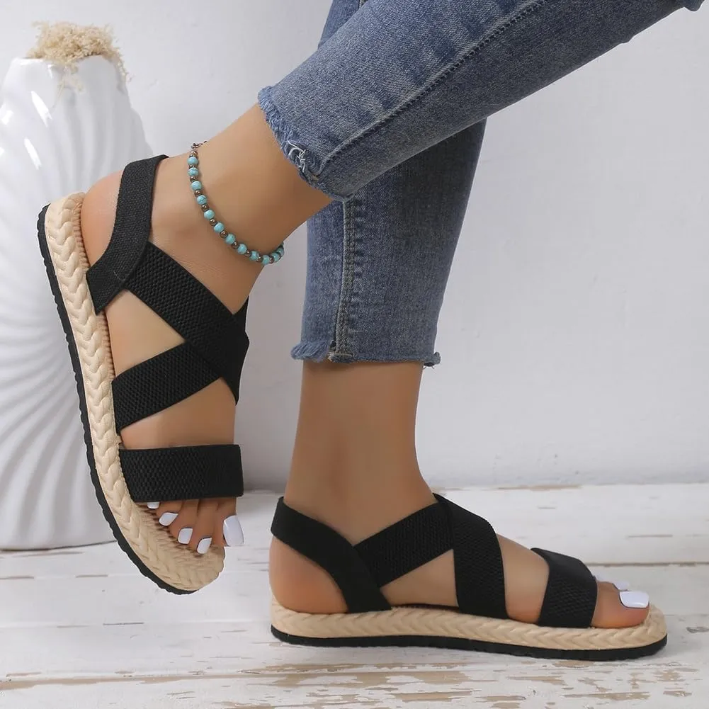 Women's Open Toe Elastic Ankle Strap Flat Summer Beach Sandal Comfy Slip on Sandals Dressy Strappy Shoes Sandals