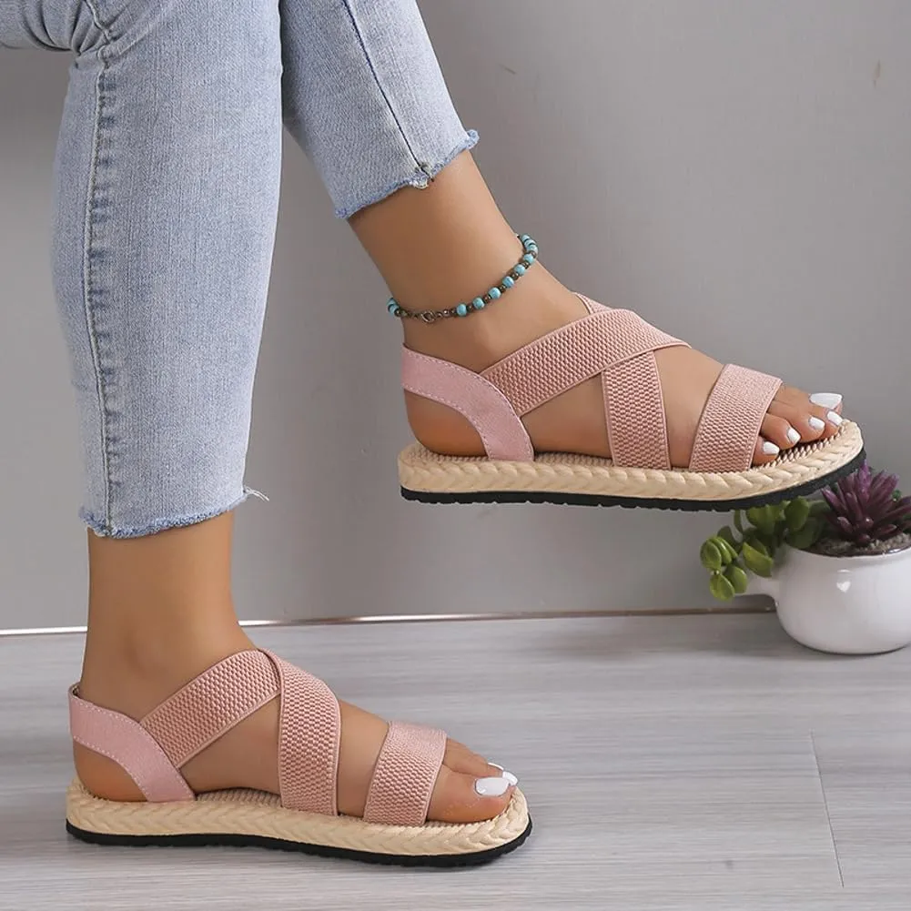 Women's Open Toe Elastic Ankle Strap Flat Summer Beach Sandal Comfy Slip on Sandals Dressy Strappy Shoes Sandals