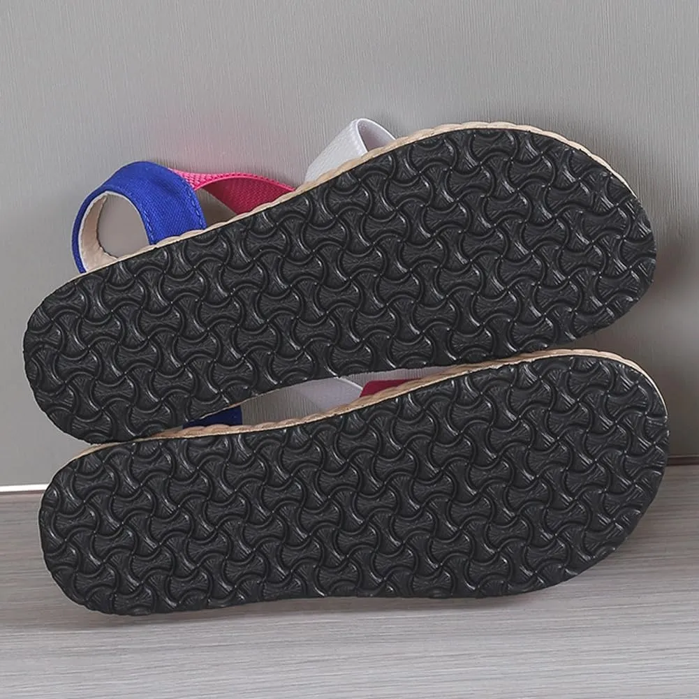 Women's Open Toe Elastic Ankle Strap Flat Summer Beach Sandal Comfy Slip on Sandals Dressy Strappy Shoes Sandals