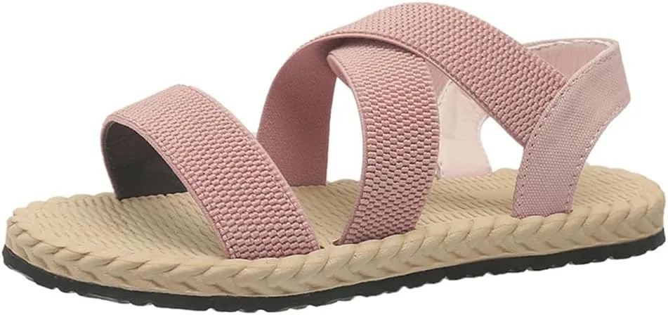 Women's Open Toe Elastic Ankle Strap Flat Summer Beach Sandal Comfy Slip on Sandals Dressy Strappy Shoes Sandals