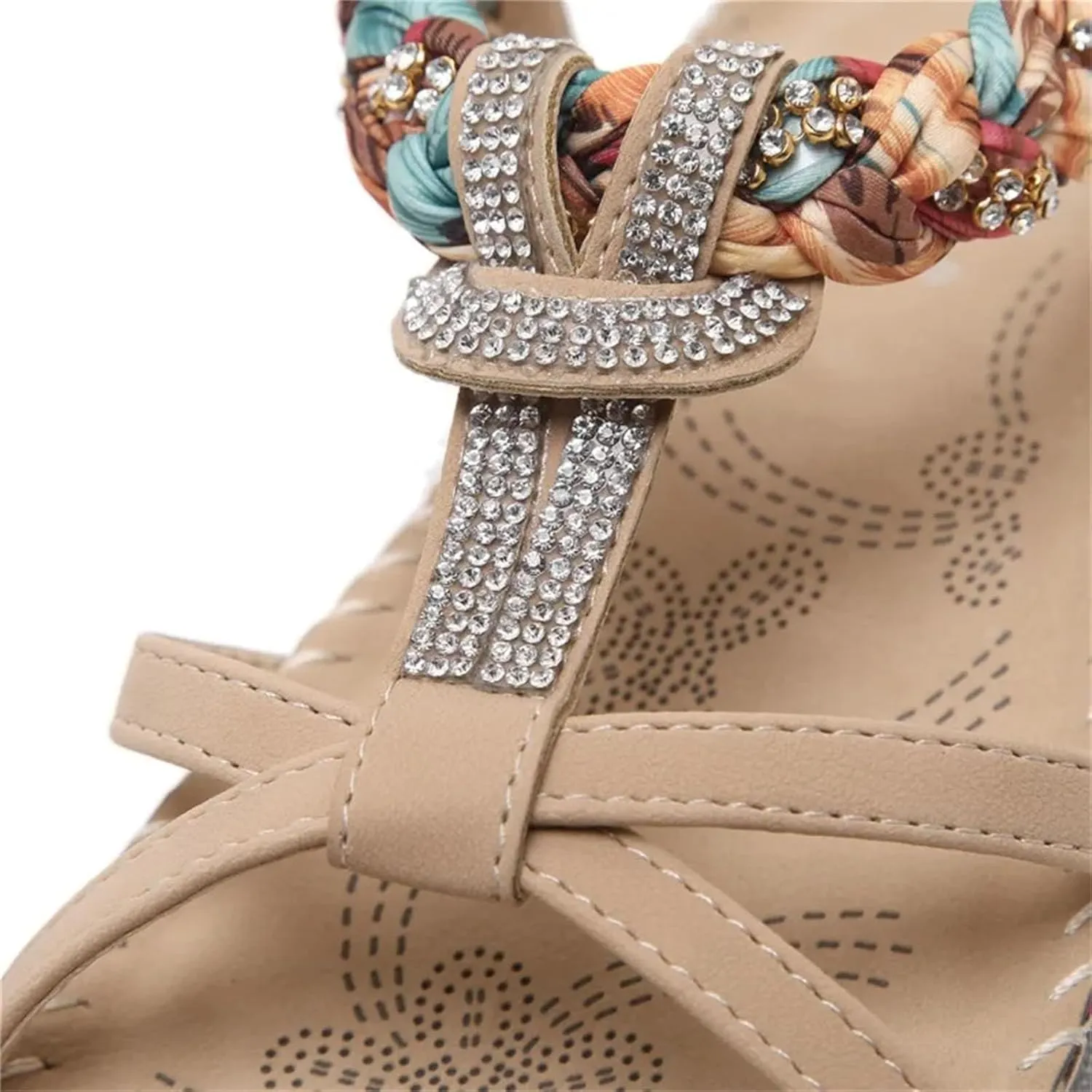 Women's Rhinestone Flat Sandals Summer Ethnic Beach Casual Shoes Gladiator Sandals