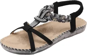 Women's Rhinestone Flat Sandals Summer Ethnic Beach Casual Shoes Gladiator Sandals