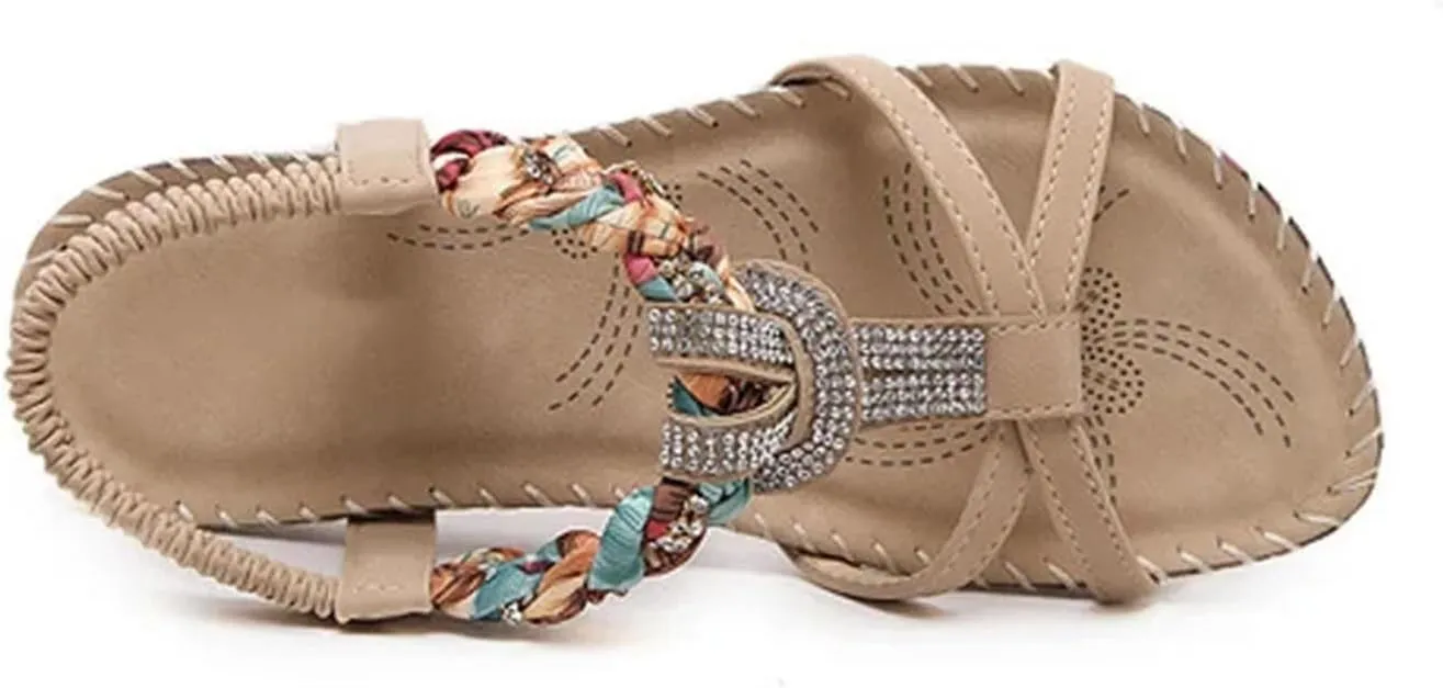 Women's Rhinestone Flat Sandals Summer Ethnic Beach Casual Shoes Gladiator Sandals