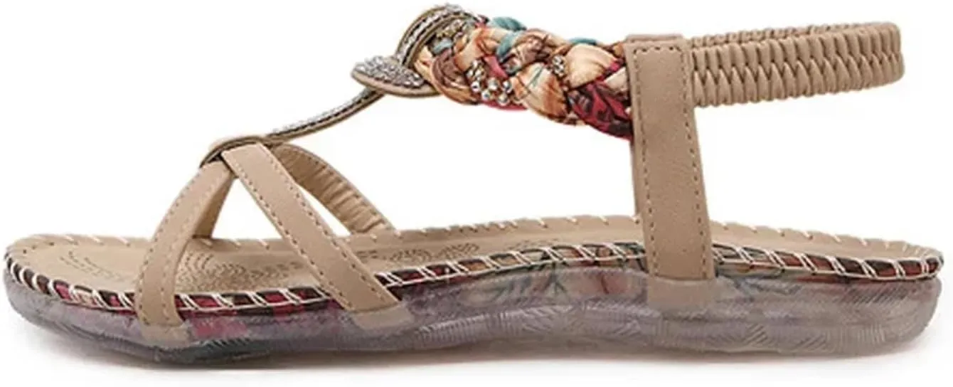 Women's Rhinestone Flat Sandals Summer Ethnic Beach Casual Shoes Gladiator Sandals